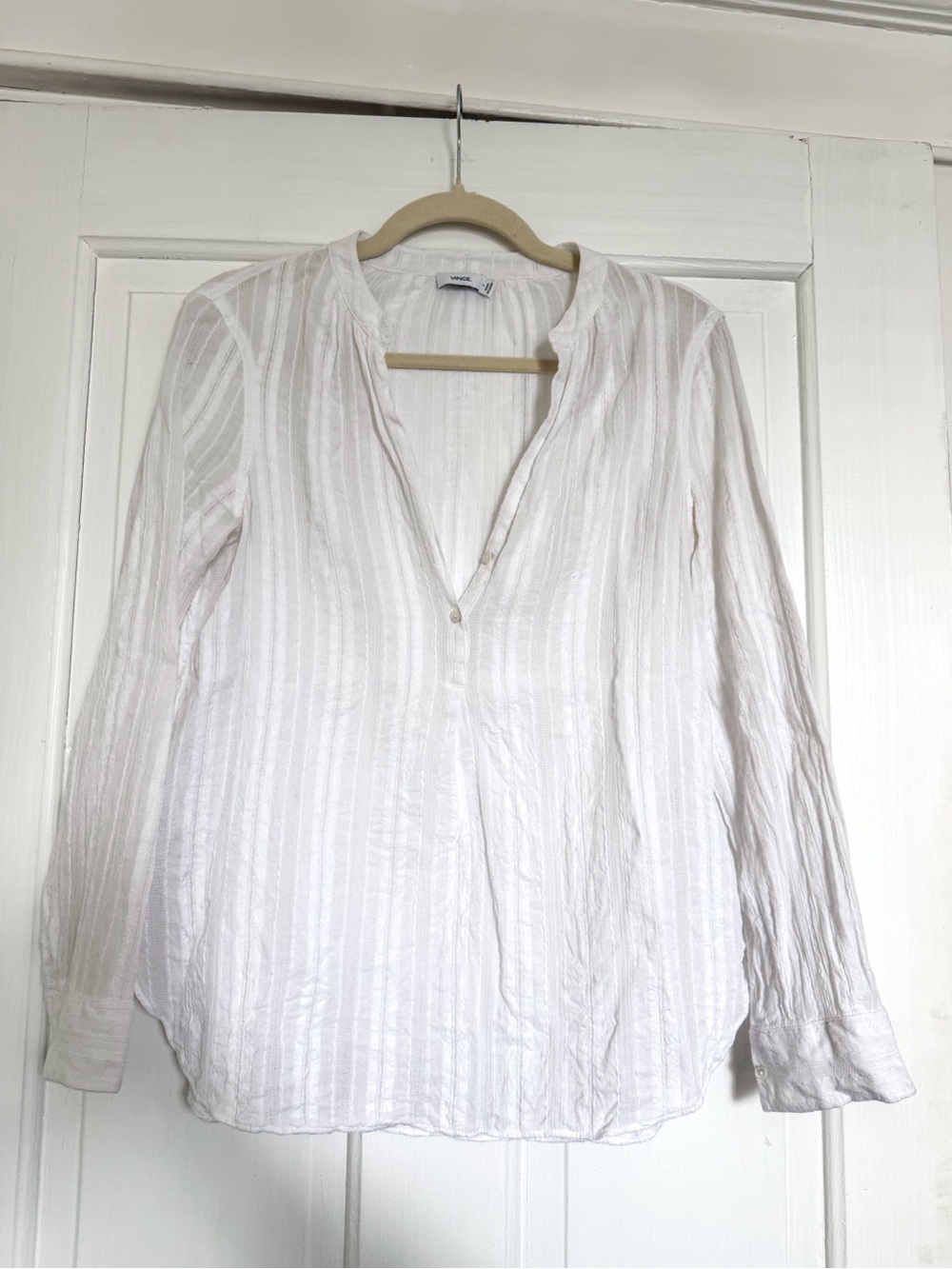 Vince White Shirred Neck Pintuck Stripe Popover Blouse - Picture 2 of 9